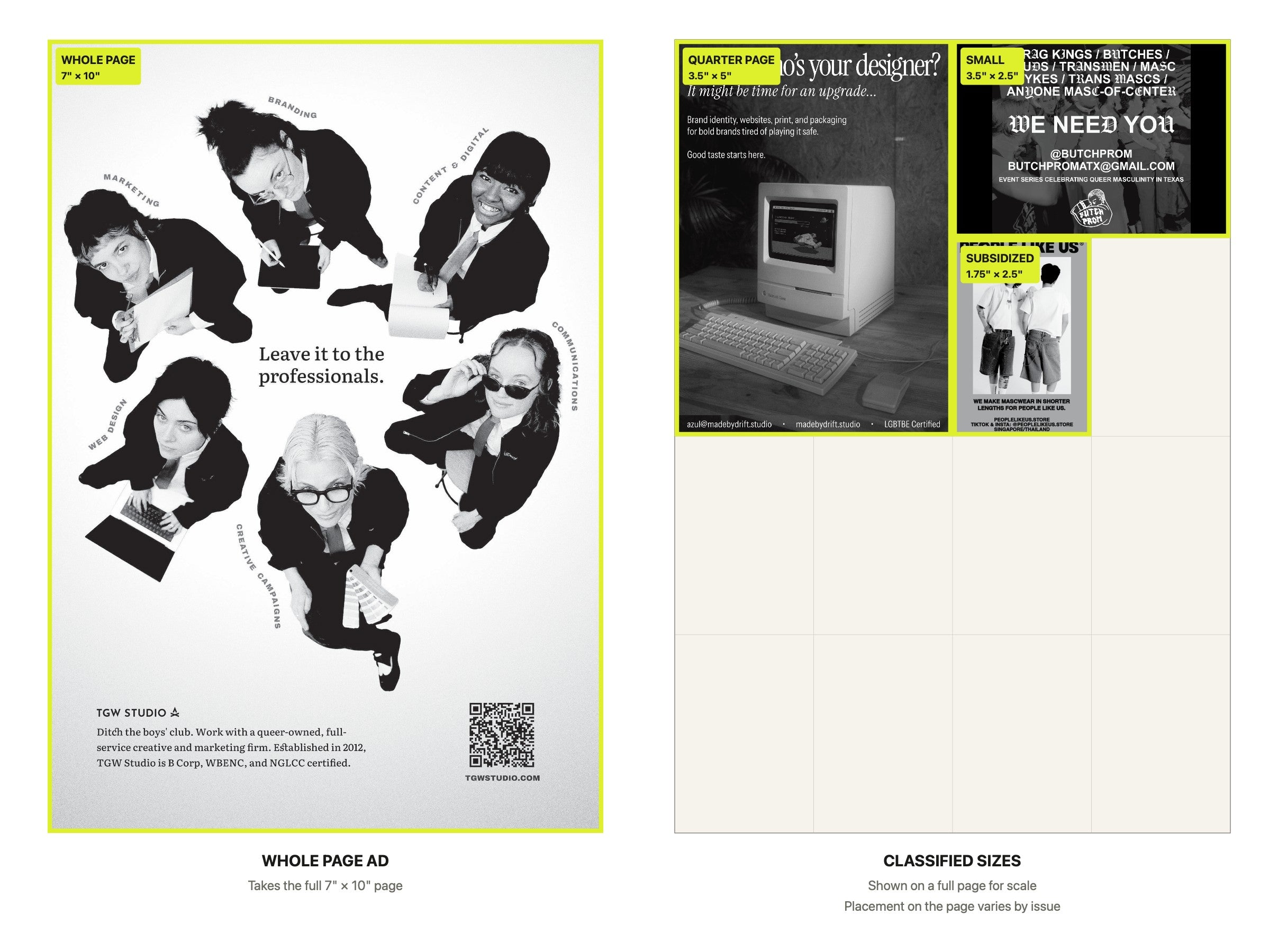Classified ad sizes shown to scale on Autostraddle Magazine pages: whole page, quarter page, small and subsidized